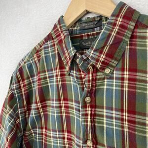 VAN HEUSEN Shirt Mens M 15-15.5 Madras Plaid Button Up Short Sleeve Cotton Green
